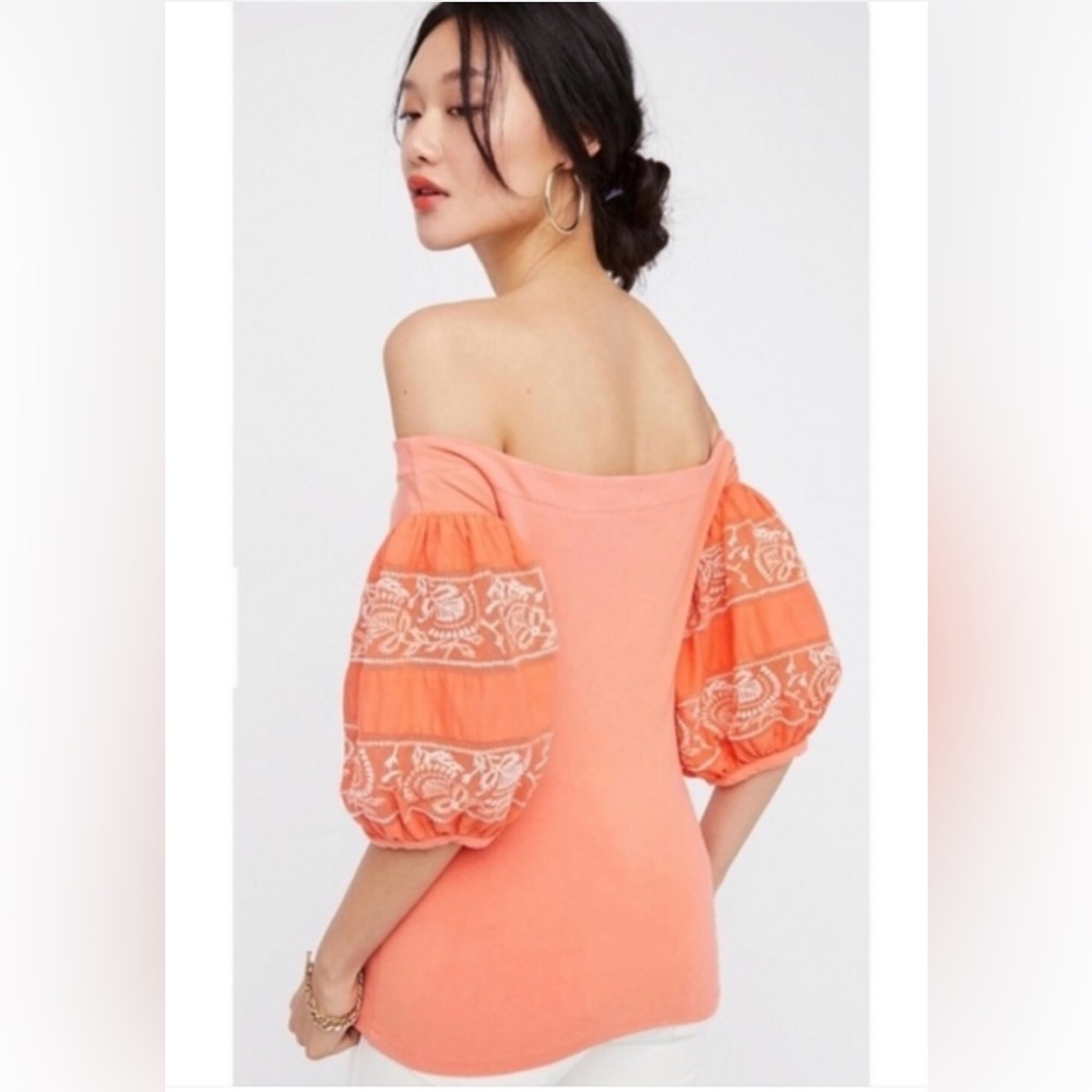 Free People | Rock With It Off-The-Shoulder Embroidered Puff Sleeve Top in Coral